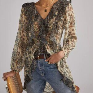 Antropologie Let Me Be Sheer Femme Maxi Buttondown Romantic Boho Ruffle XS